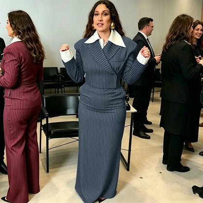 Navy Blue Pinstripe Women's Jacket Skirt 2 Piece Set Formal Single Breasted Evening Party Clothing Wedding Guest Outfit
