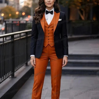 Black And Orange Formal Business Women Suit Wedding Party Prom Ladies Mother Girl Tuxedos Costume 3 Piece Set Blazer Vest Pants