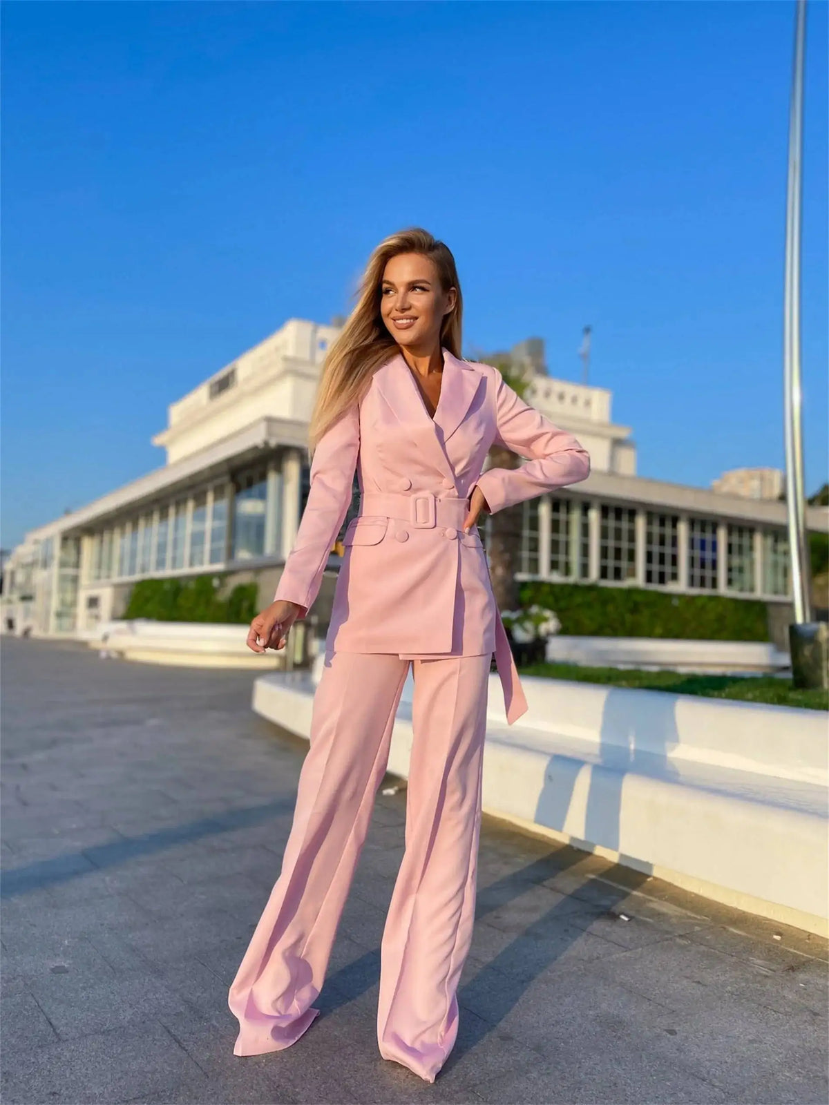 Ladies Pink Suits 2 Pieces Business Women Pants Belt Blazer Plus Size Formal Party Office Outfit Customized Wedding Gues
