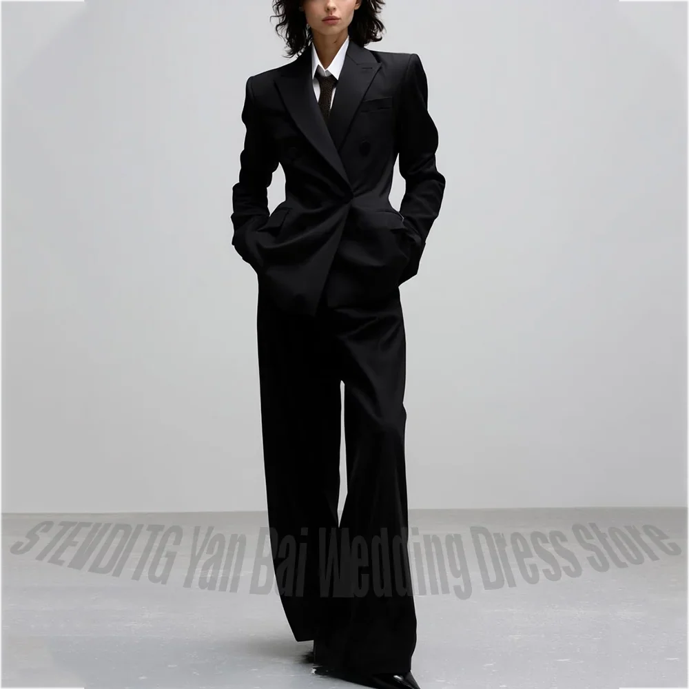 Casual Women Suit Trendy Solid Black Long Sleeve Lapel Straight Fashion Jacket Pants All-Match Shopping Street Style Daily Wear