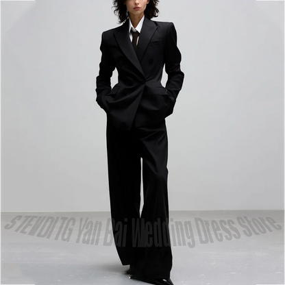 Casual Women Suit Trendy Solid Black Long Sleeve Lapel Straight Fashion Jacket Pants All-Match Shopping Street Style Daily Wear