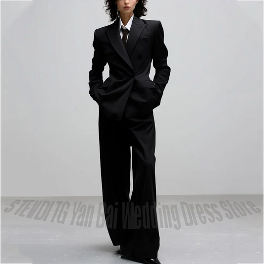 Casual Women Suit Trendy Solid Black Long Sleeve Lapel Straight Fashion Jacket Pants All-Match Shopping Street Style Daily Wear