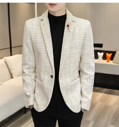 Korean Fashion Woven Suit Jacket for Men Autumn Slim Fit Casual Men Blazers Street Wear Social Business Dress Coats Men Clothing