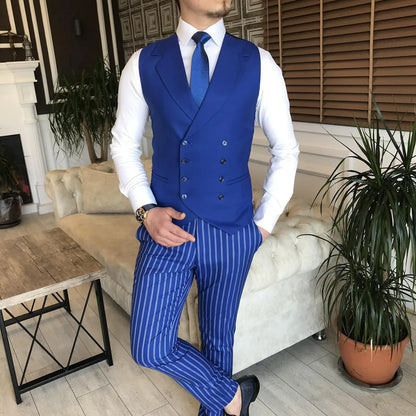 Men's Suit 3 Pieces Blazer Vest Pants One Button Peaked Lapel Pinstripes Formal Business Blue Slim Wedding Groom Costume Homme