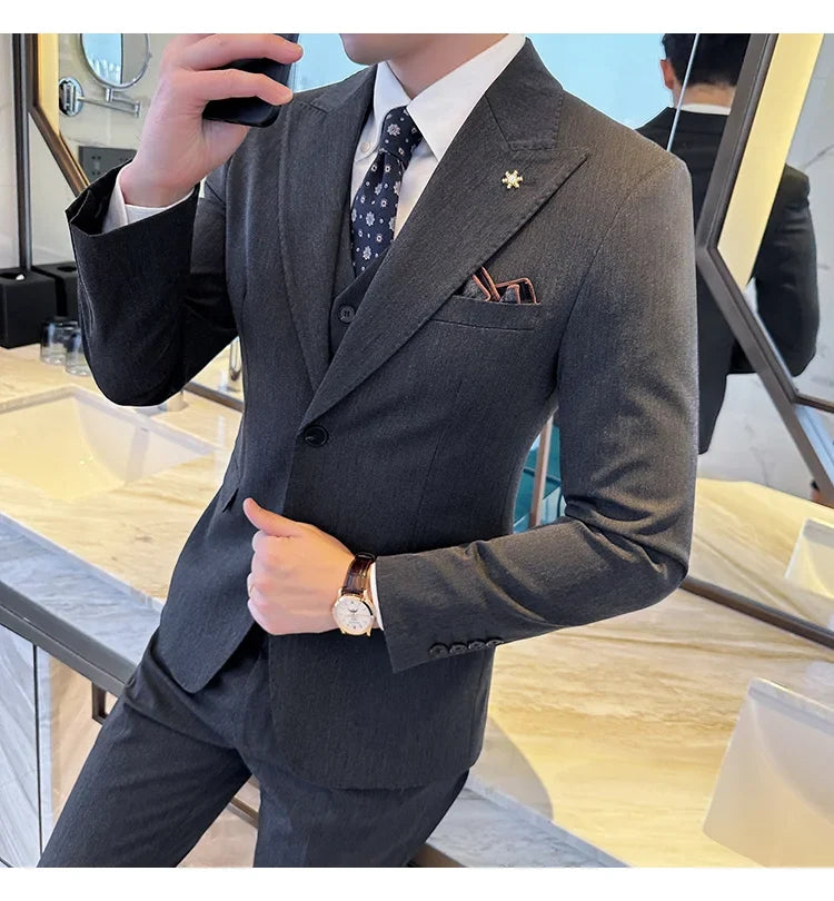 (Blazer + Vest + Trousers) 2024 New Men Formal Business Solid Suit 3 Pieces Set Italian Style Luxury Wedding Social Party Tuxedo