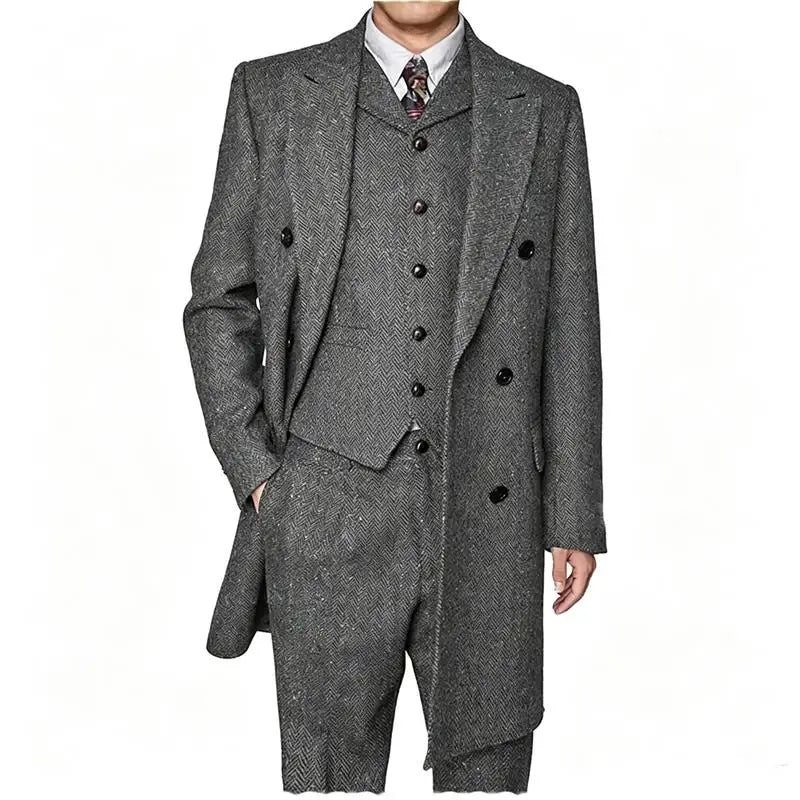 Men Vintage Herringbone Tweed 3 Piece Suit Double Breasted Overcoat Vest Pants Wedding Busines British Style Wool Blend Suit Set