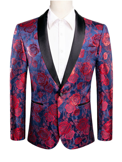 Navy Base Red Rose Floral Jacquard Tuxedo Blazer for Men, Black Shawl Lapel Slim Formal Jacket Host Wedding Ceremony Costume