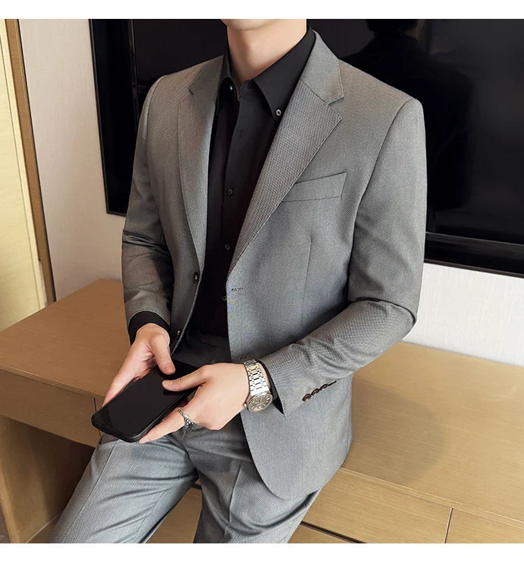 Men's bird's eye pattern high-end craftsmanship summer thin suit set, two-piece wedding banquet business casual suit