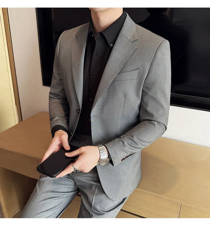 Men's bird's eye pattern high-end craftsmanship summer thin suit set, two-piece wedding banquet business casual suit
