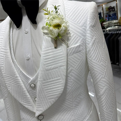 Men's 4-Piece Jacquard Wedding Suit – Slim Fit Groom Tuxedo in White, S to XXXL