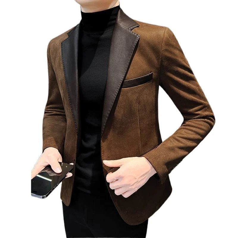 KIDWHXR Men Blazer Vintage Simple Solid Patchwork Male Suit Jacket Slim Single-breasted Long Sleeve Man Casual Outerwear