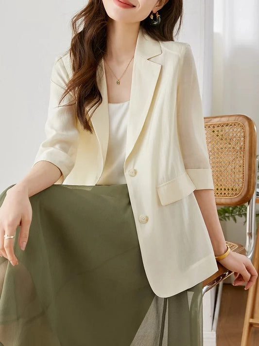 Casual Lyocell Suit Blazers Women 2026 Autumn Fashion Transparent Lightweight Three Quarter Sleeve Office Ladies Blazers
