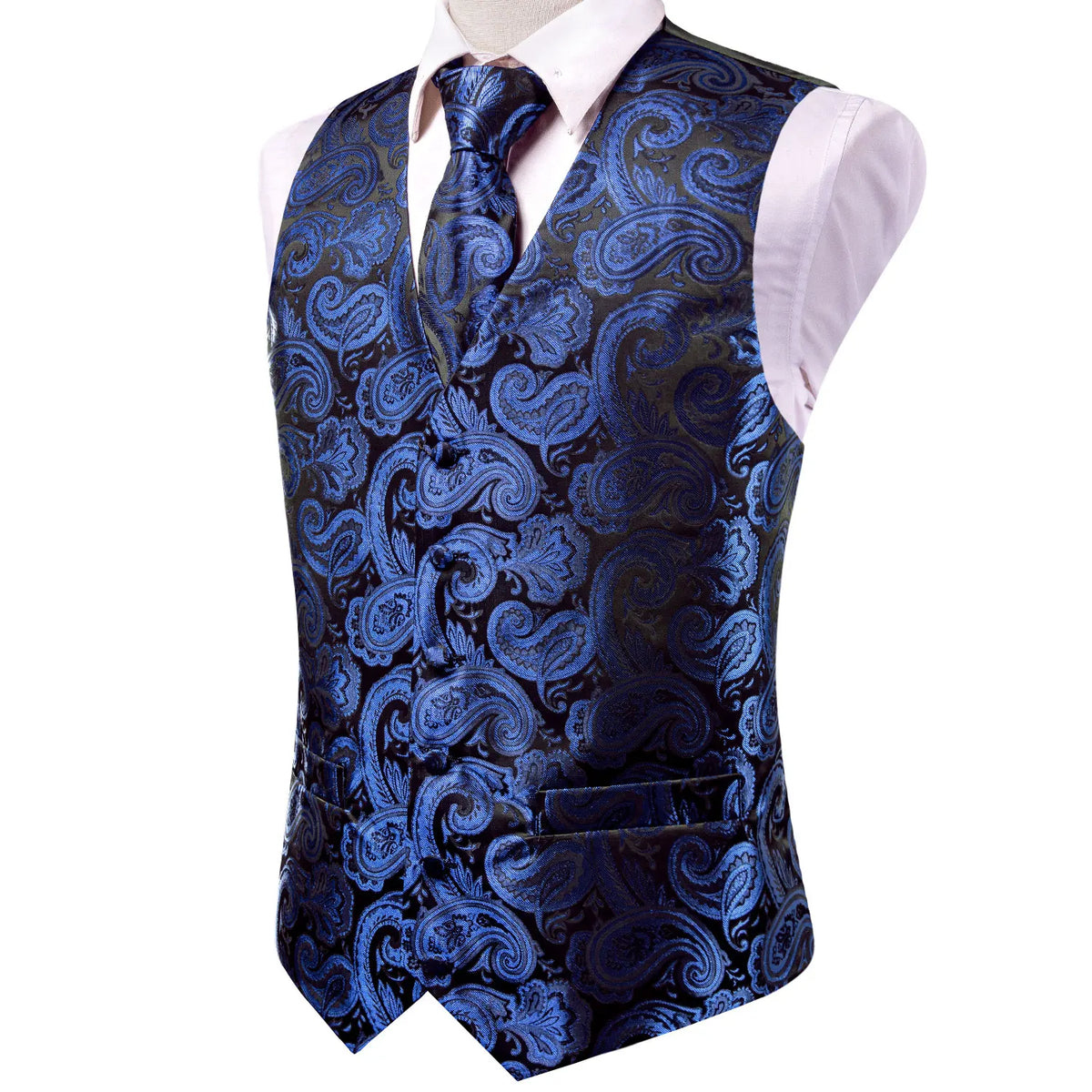 Men's Waistcoat Suit Set with Jacquard Floral Vest, Tie, Hanky & Cufflinks for Wedding and Business