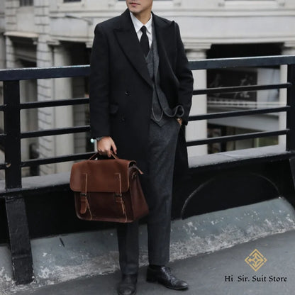 British Vintage Chesterfield Mens Suit Mid-Length Slim-Fit Coat Peaky Blinders Double-Breasted Wool Tweed Notched Lapel Overcoat