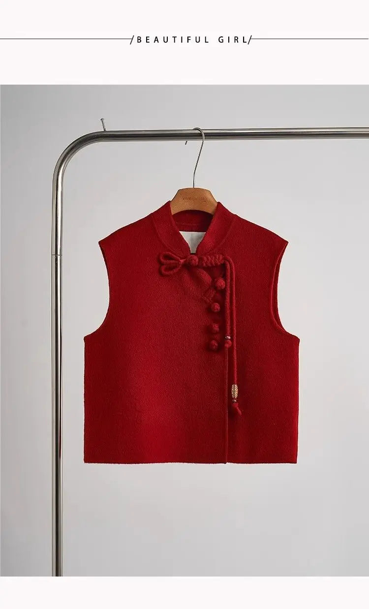 2025 Spring Chinese Style Red Vest Disc Buckle Sleeveless Vest Short Jacket Elegant Chic Women's Tweed Waistcoat