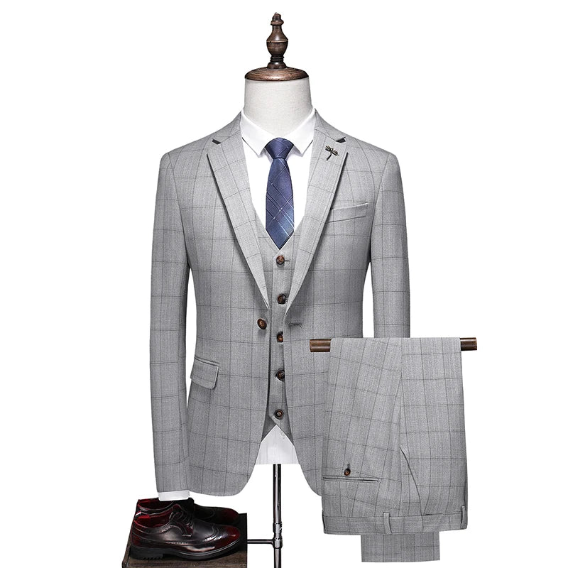Business Casual Plaid (suit + Vest + Trousers) High-end Fashion Handsome Button Suit Korean Version Slim-fit Three-piece Set