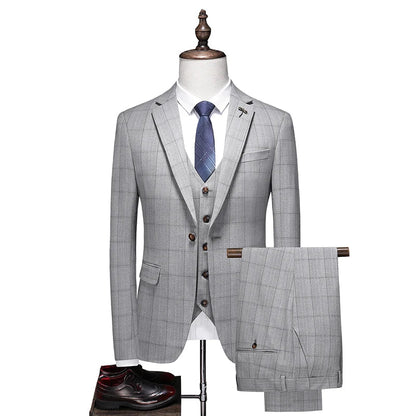 Business Casual Plaid (suit + Vest + Trousers) High-end Fashion Handsome Button Suit Korean Version Slim-fit Three-piece Set