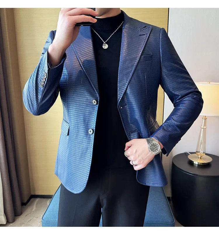 Korean Waffle Leather Suit Jacket Men's Business Casual PU Leather Blazer Slim Fit Wedding Groom Office Social Formal Coats 2026