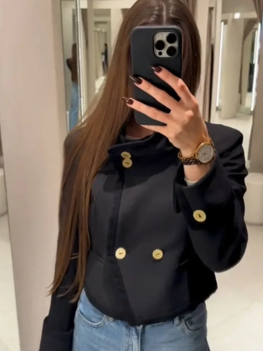 Women Fashion Solid Turtleneck Versatile Gold Buckle Short Blazer Coat Female Elegant High Street Casual Long Sleeve Jacket