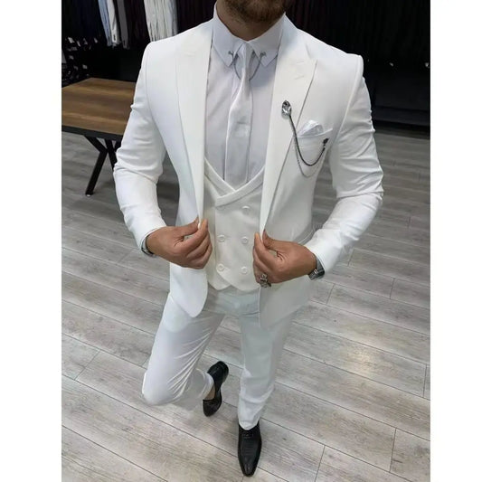 Luxury White Terno Men Suits for Wedding Groom Three Piece Slim Fit Costume with Jacket Pants Vest Masculinos Blazer