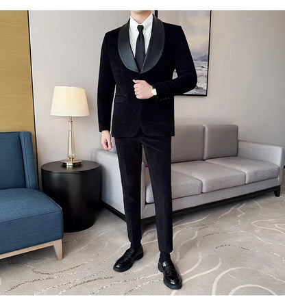 British Style PU Patchwork Suit for Men Casual Business Wedding Suits 2 Pieces Set (jacket+pant) Office Work Party Prom Suit