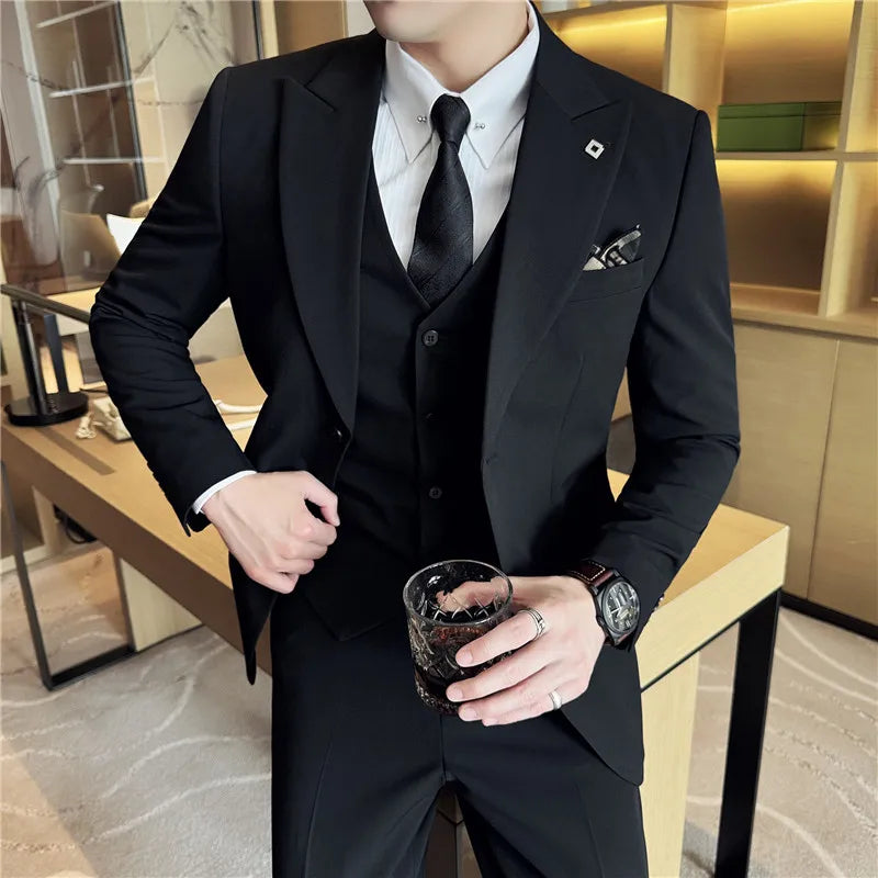 Men's 3 Piece Suit Set Double‑Button Solid Color Slim Fit Business Casual Wedding Banquet Party Jacket Vest Pants Formal Outfit