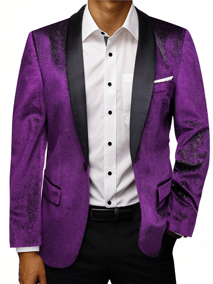 Glitter Purple Velvet Mens Tuxedo Jacket, Satin Lapel Single Breasted Blazer Wedding Prom Party Suit Coat