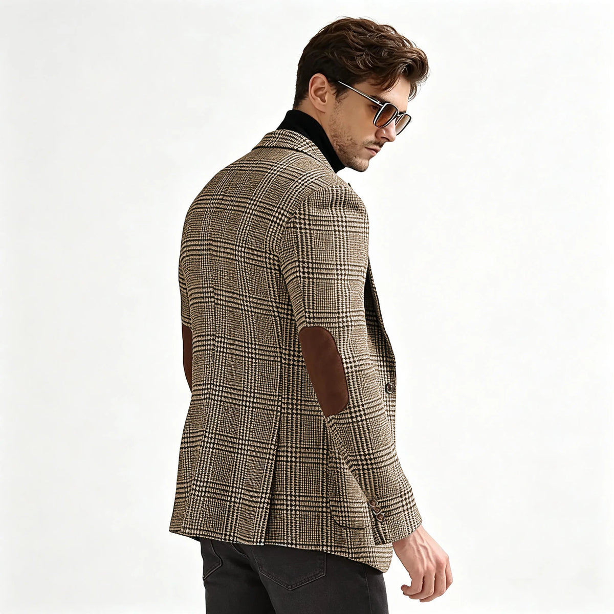 Vintage Wool Blend Plaid Men's Jackets Notched Collar Slim Fit Single Breasted Blazers With Suede Elbow Patches Business Casual