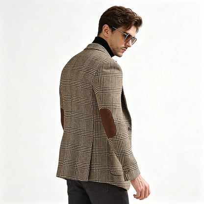 Vintage Wool Blend Plaid Men's Jackets Notched Collar Slim Fit Single Breasted Blazers With Suede Elbow Patches Business Casual