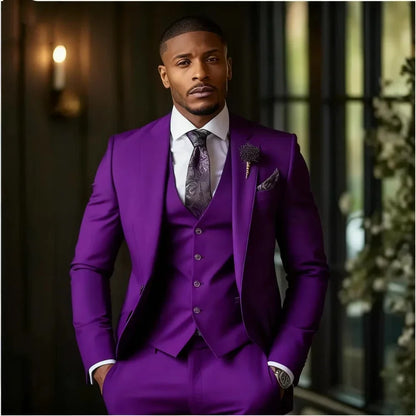 Luxury Solid 3-Piece Men's Tuxedo Suits Slim Fit Single Breasted Blazer Vest And Pants Set for Prom Wedding Business Men Clothes