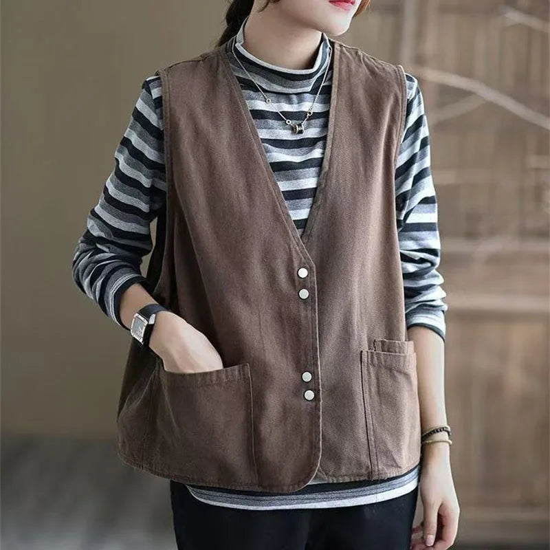 Korean Ladies Solid Color Casual Sleeveless Jacket Autumn Women V-neck Loose Waistcoat Coat Spring Female Fashion Vest Outwear