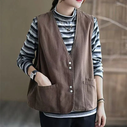 Korean Ladies Solid Color Casual Sleeveless Jacket Autumn Women V-neck Loose Waistcoat Coat Spring Female Fashion Vest Outwear