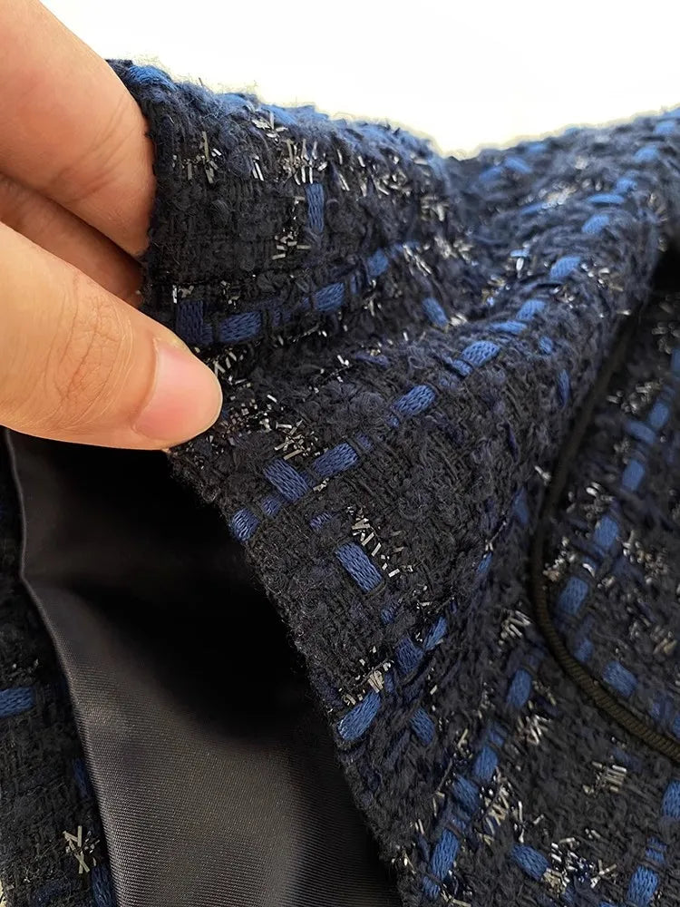 Women O Neck Single Breasted Slim Waist Tweed Jacket Mid Long Vintage Plaid Office Ladies Work Coat Twill Jackets Party Outwear