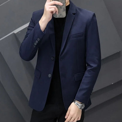 Men's Winter Cotton-Padded Thick Double-Breasted Casual Blazer Korean Style Trendy Solid Color Dark Blue Black Suit Jacket