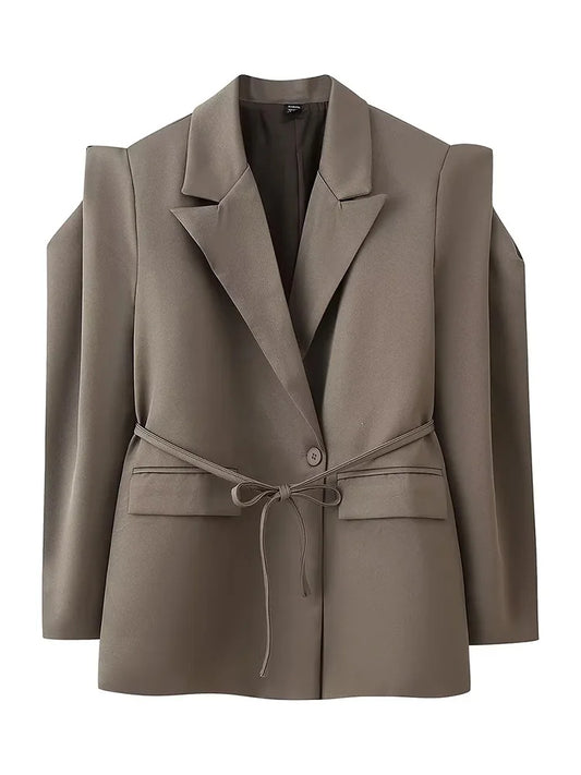 Women Power Shoulder Blazer Belted Waist Suit Jacket Elegant Blazer Office Lady Tailored Coat Casual Outerwear