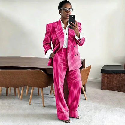 Neutral Gray Pinstripe Oversized Matching Sets Double Breasted Women's Suit Casual Formal 2-Piece(Jacket+Pants) Office Set