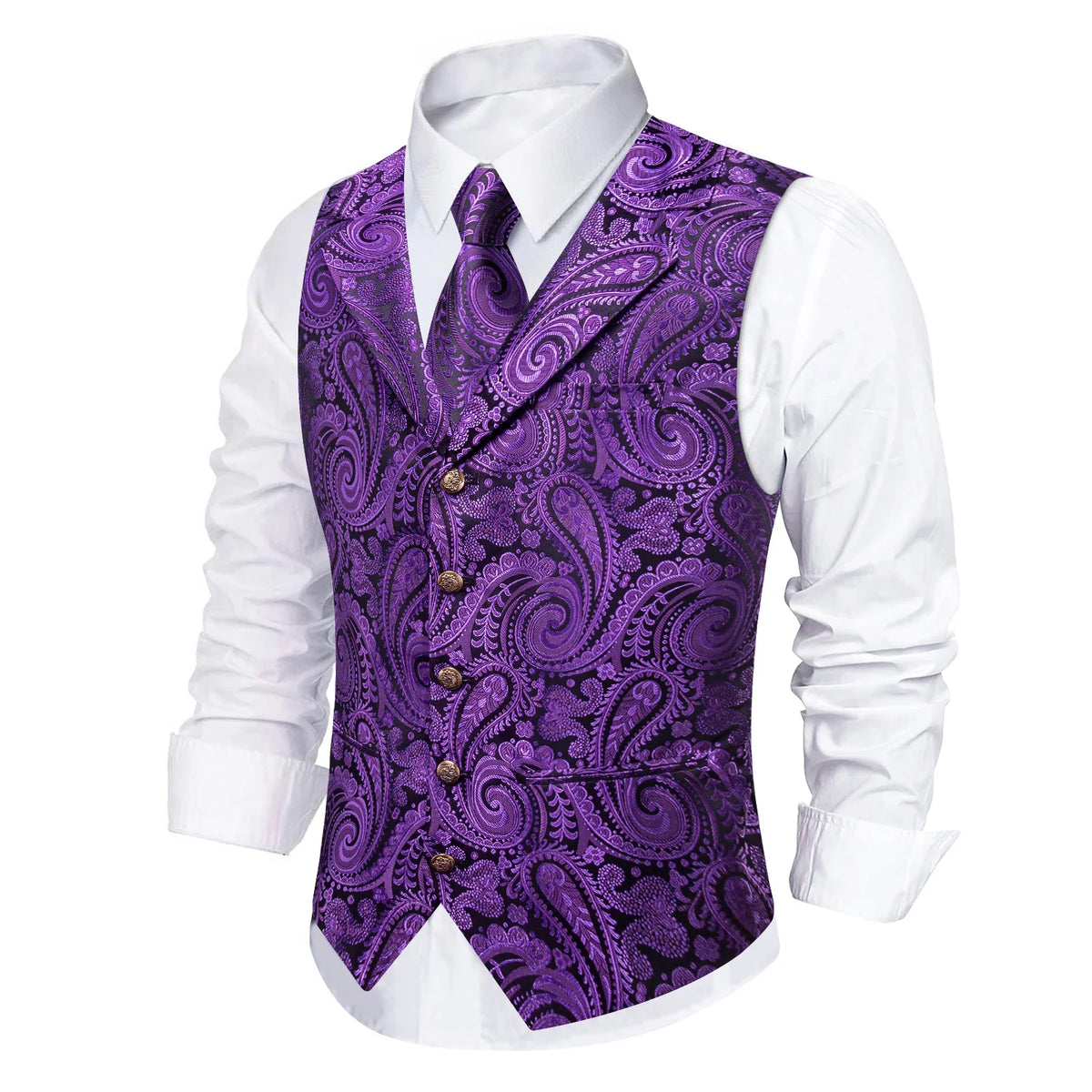 Men's Paisley Waistcoat Vest with Tie Hanky Cufflinks Set for Wedding and Banquet