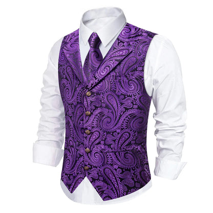Men's Paisley Waistcoat Vest with Tie Hanky Cufflinks Set for Wedding and Banquet