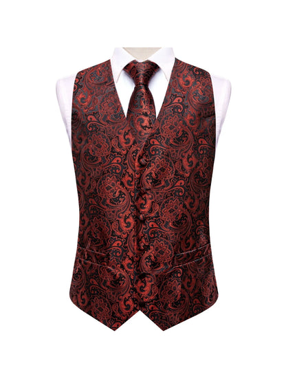 Men's Double Breasted Suit Vest Set Red Paisley Floral Jacquard Waistcoat with Tie and Pocket Square for Formal Occasions
