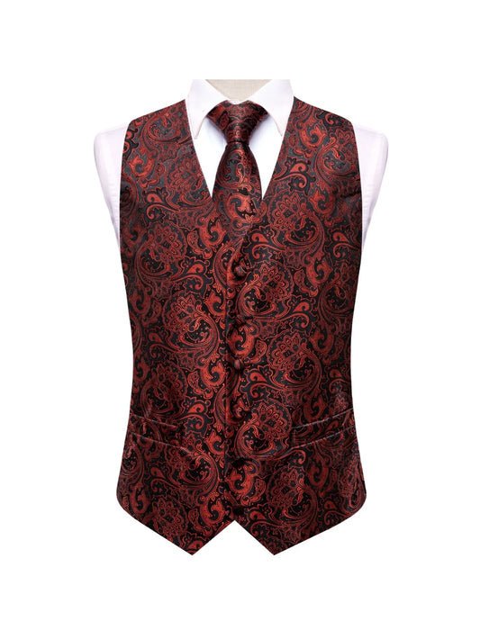 Men's Double Breasted Suit Vest Set Red Paisley Floral Jacquard Waistcoat with Tie and Pocket Square for Formal Occasions