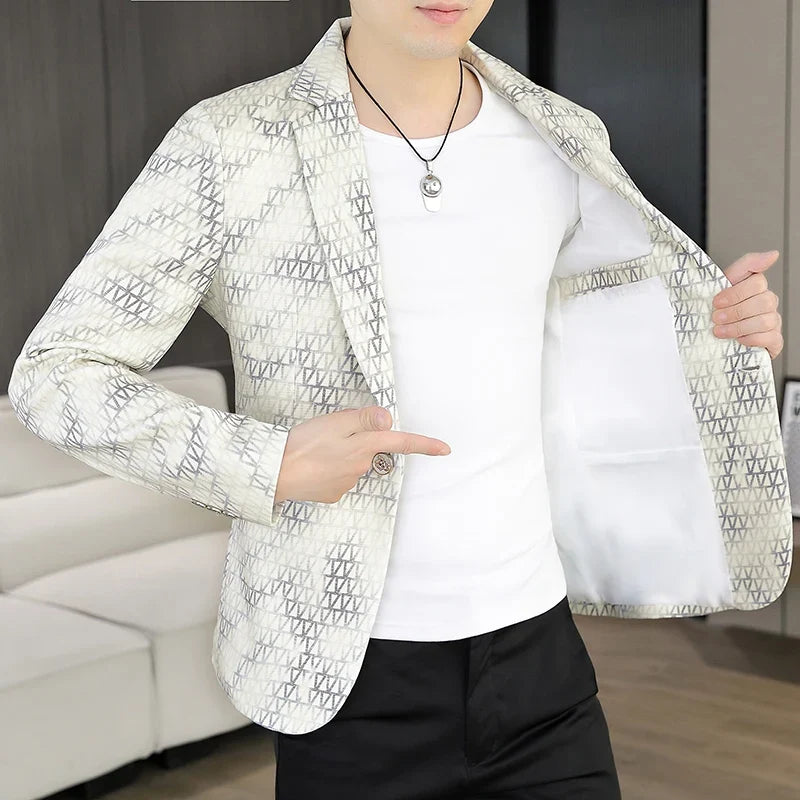 Korean Fashion Suit Jacket Men Slim Fit Geometric Printed Casual Business Blazers Autumn Social Groom Hairstylist Uniform Jacket