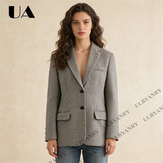 Houndstooth Blazer Jacket, Classic Plaid Suit Coat for Women Office Work Business Casual Vintage Style