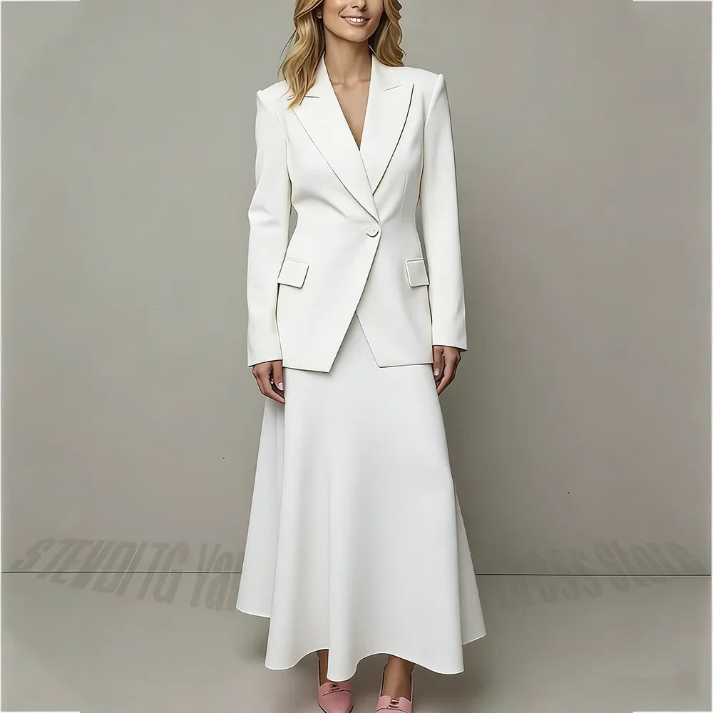 Pink Women's 2 Piece Suit Set Single Button Jacket with Flared Maxi Skirt Pleat Formal Business Office Party Lady Fashion Outfit