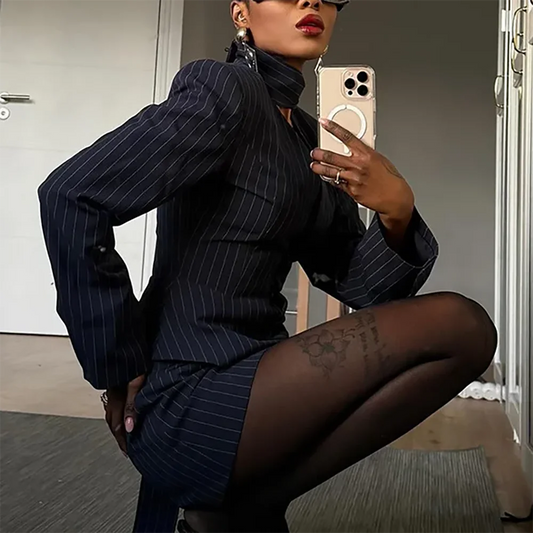 Chic Charming Navy Pinstripe V-neck Women's Jacket Modern Wedding Party 2 Piece Mini Dress Suit Formal Outfit with Neck Tie