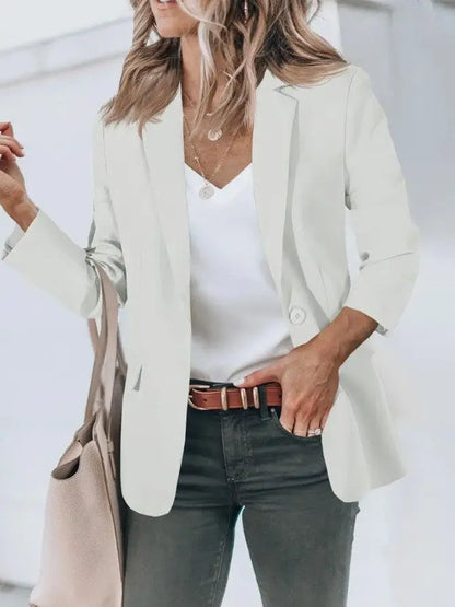 Fall 2024 Women's Casual Long Sleeve Button-Up Collar Pocket Single-Breasted Office West Suit Polyester Blend Fashion Style