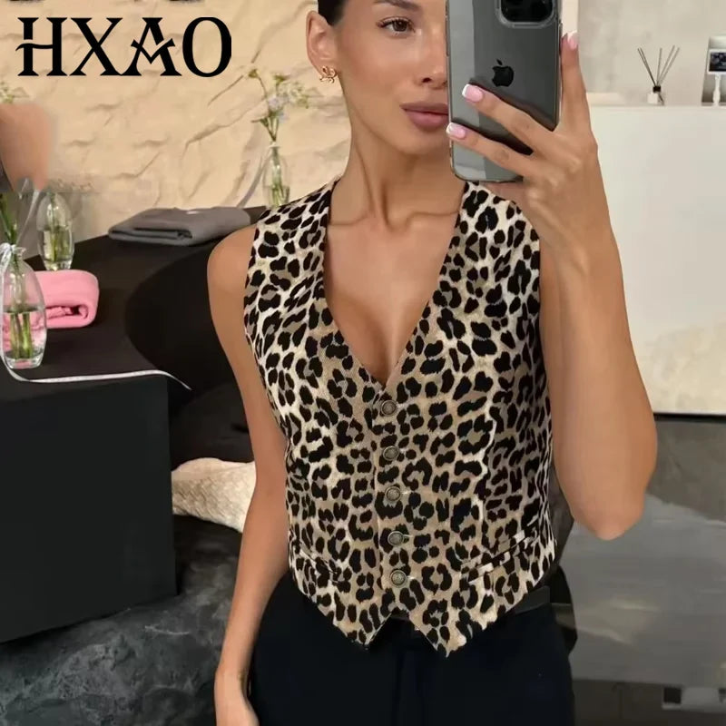 Leopard Lady Vests Vintage Cropped Sleeveless Vest Women Outerwears Animal Print Women's Suit Vest V Neck Casual Waistcoat