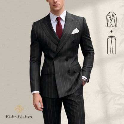 Men's 2-Piece Slim Fit Double-Breasted Striped Suit Set for Men – Wedding, Business & Formal Occasions
