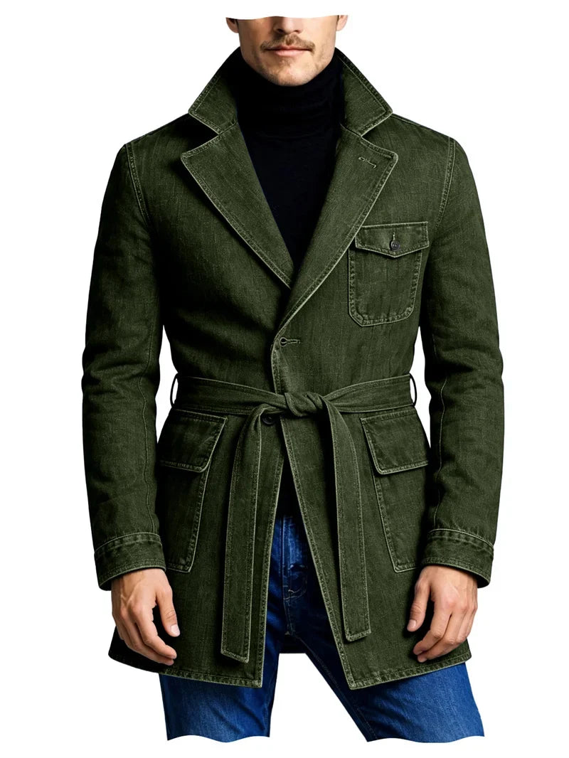 Men's Vintage Mid Length Belted Denim Trench Coat Notched Lapel Casual Workwear Outerwear Stylish Daily Streetwear Jacket
