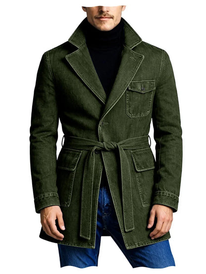 Men's Vintage Mid Length Belted Denim Trench Coat Notched Lapel Casual Workwear Outerwear Stylish Daily Streetwear Jacket