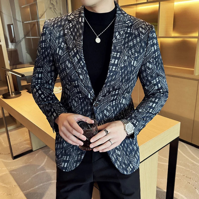 Korean Slim Fit Casual Suit Jacket for Men Fashion Camouflage Business Social Blazers Wedding Streetwear Dress Coat Men Clothing